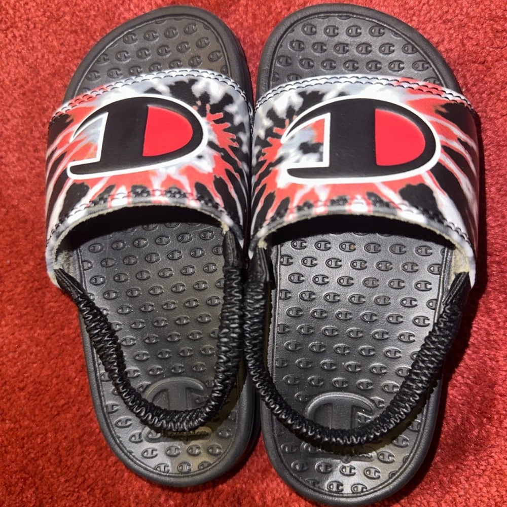 Champion Toddler Size 10c Tie-Dye Slide Sandals - Red, Black, and White